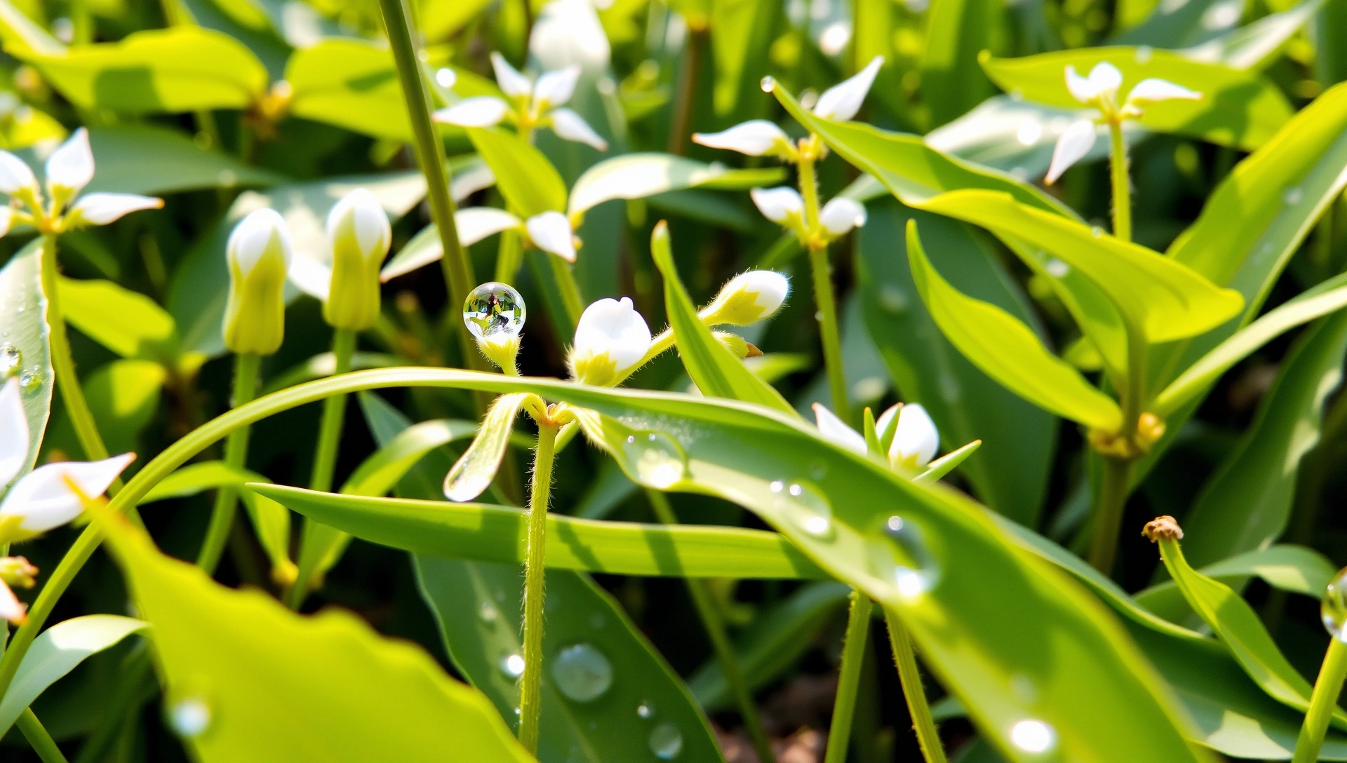 Câmp verde luminos cu plante medicinale și picături de rouă