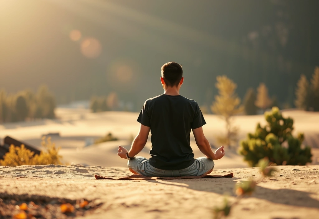 O persoană meditând într-un peisaj natural liniștit