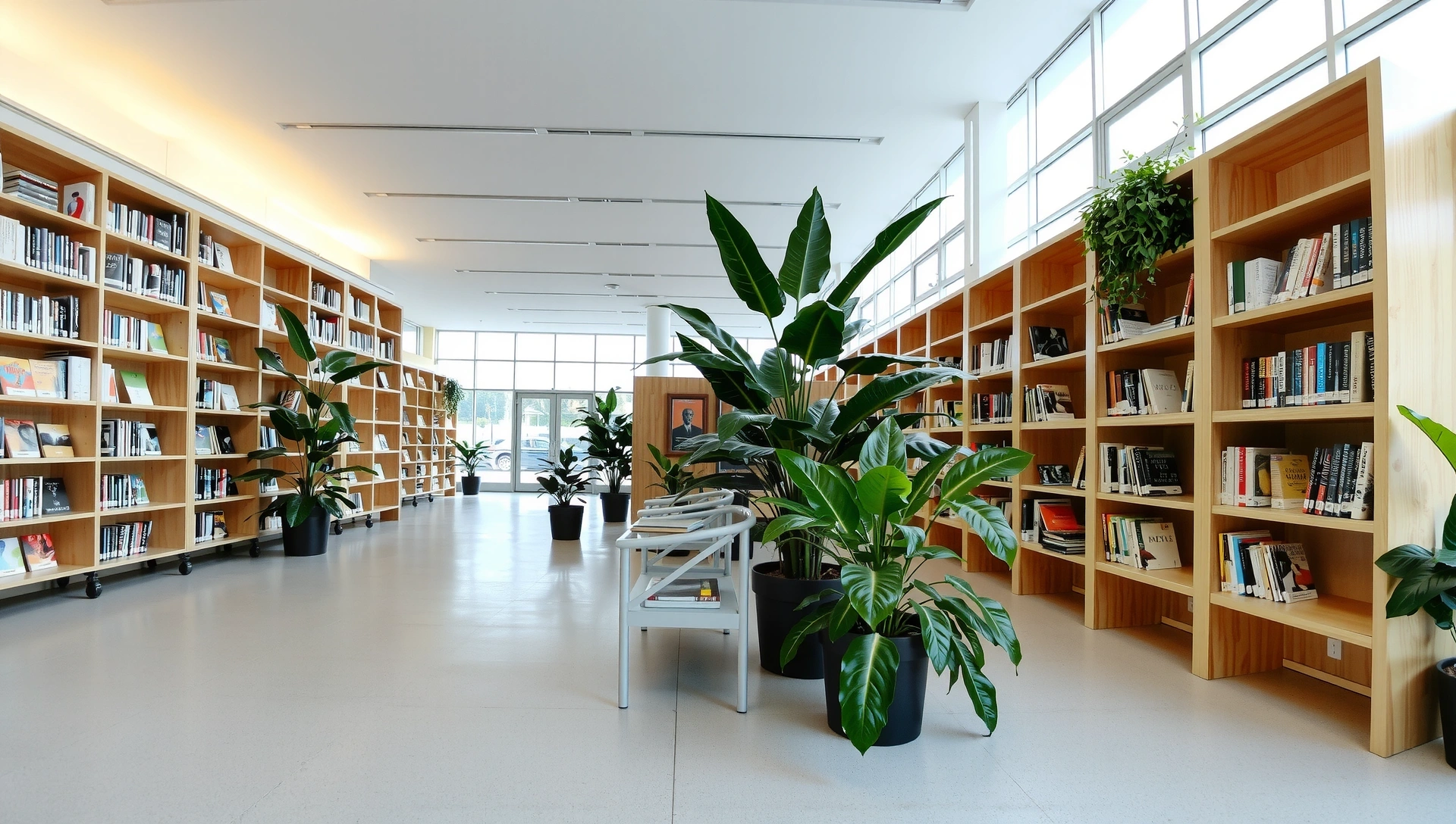 Bibliotecă modernă, luminoasă, cu cărți și plante
