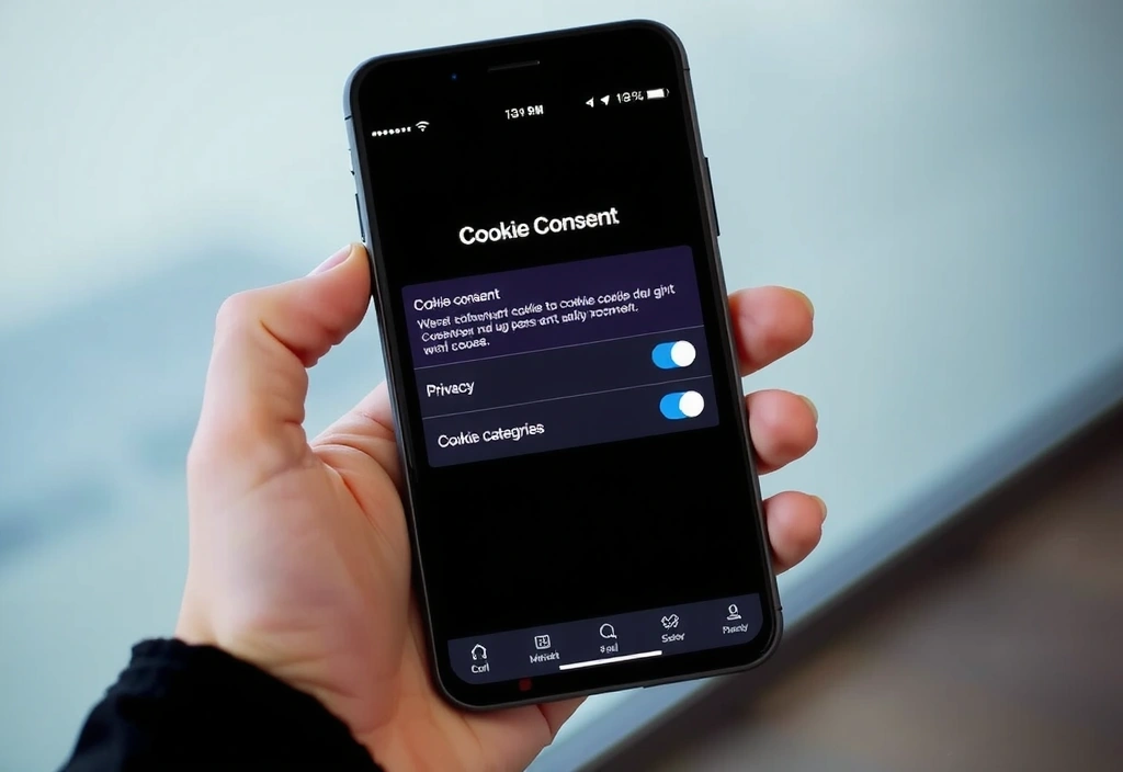 O mână care ține un smartphone afișând setările de confidențialitate și cookie-uri, cu opțiuni de activare/dezactivare