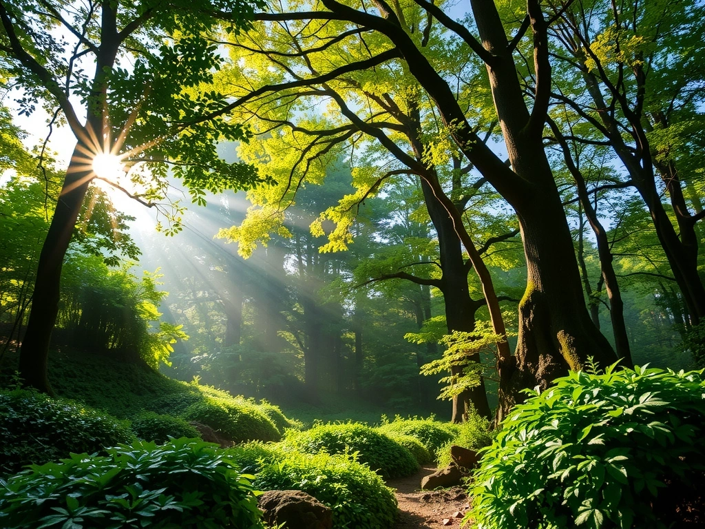 Pădure verde luxuriantă cu raze de soare filtrând prin copaci