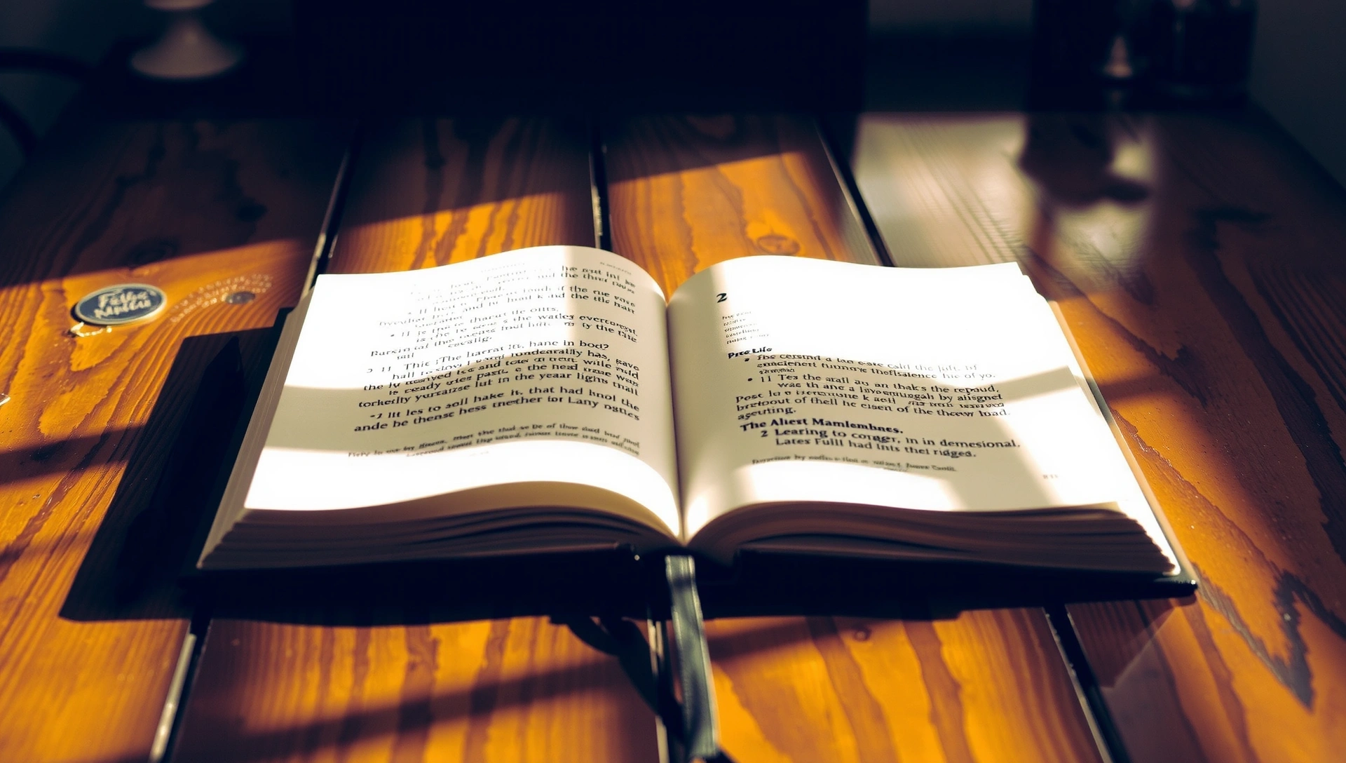 Carte deschisă pe o masă de lemn, cu lumină caldă, simbolizând învățare