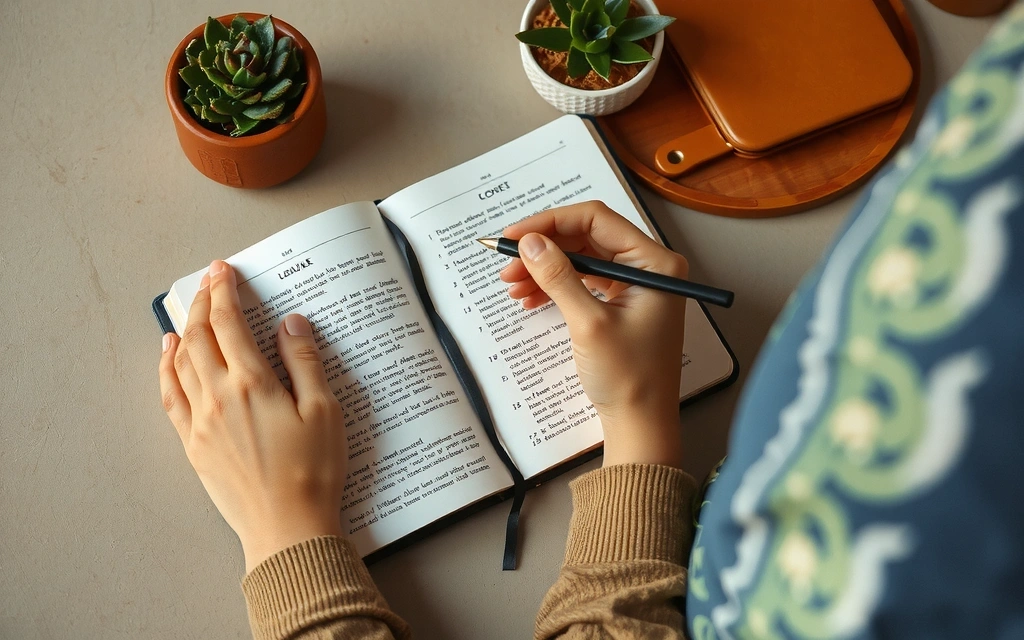 Persoană care scrie într-un jurnal, cu o cană de cafea și plante, sugerând un moment de reflecție și planificare