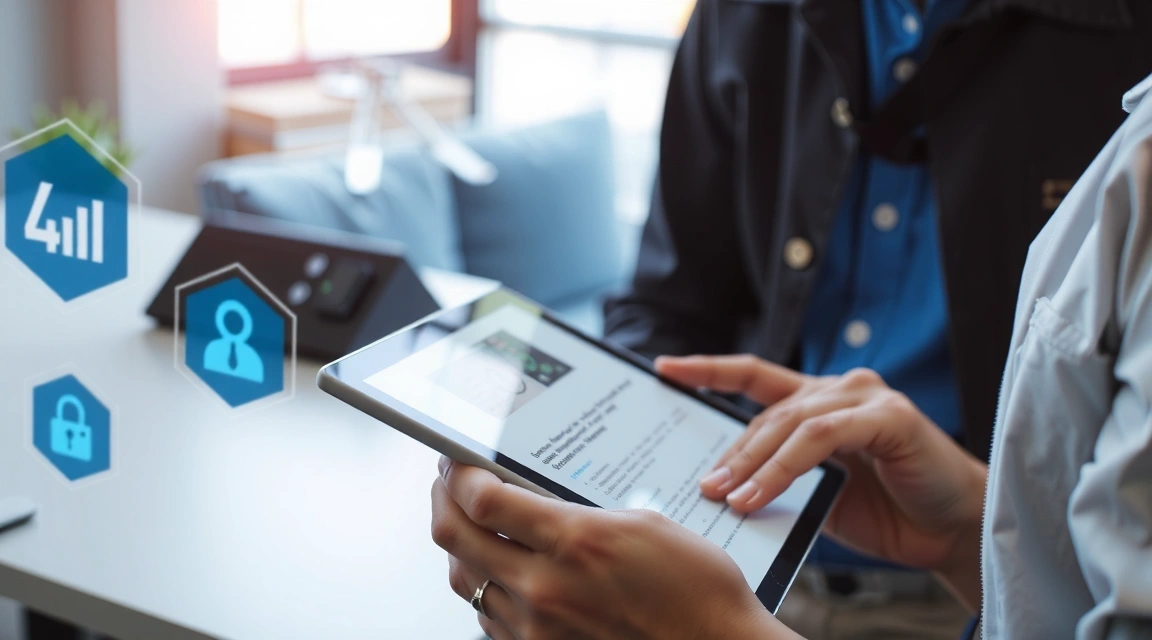 O persoană citind un document digital pe o tabletă, cu un fundal estompat de simboluri de securitate cibernetică și responsabilitate.